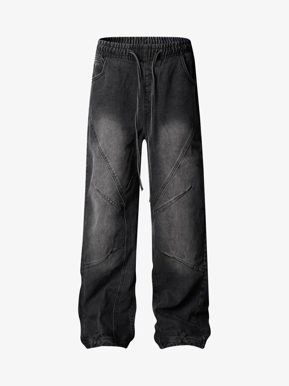 Elastic Waist Drawstring Jeans with Curved Panels – Black, front | XoKool