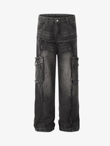 Detressed Raw Edge Multi-pocket Cargo Jeans