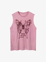Washed Distressed Butterfly Print Vest