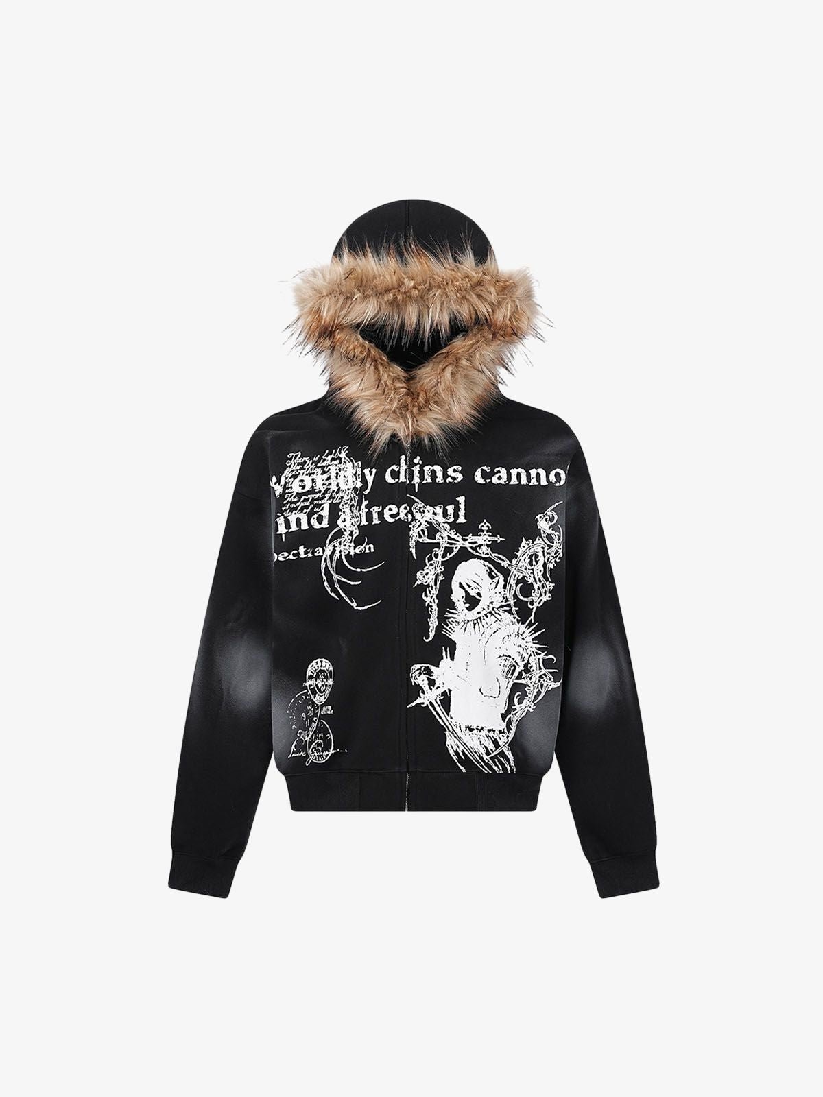 Graphic Zip Up Hoodie with Fur Trim Hood | XoKool