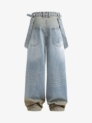 Light Blue Wide Leg Jeans with Detachable Straps – back | XoKool