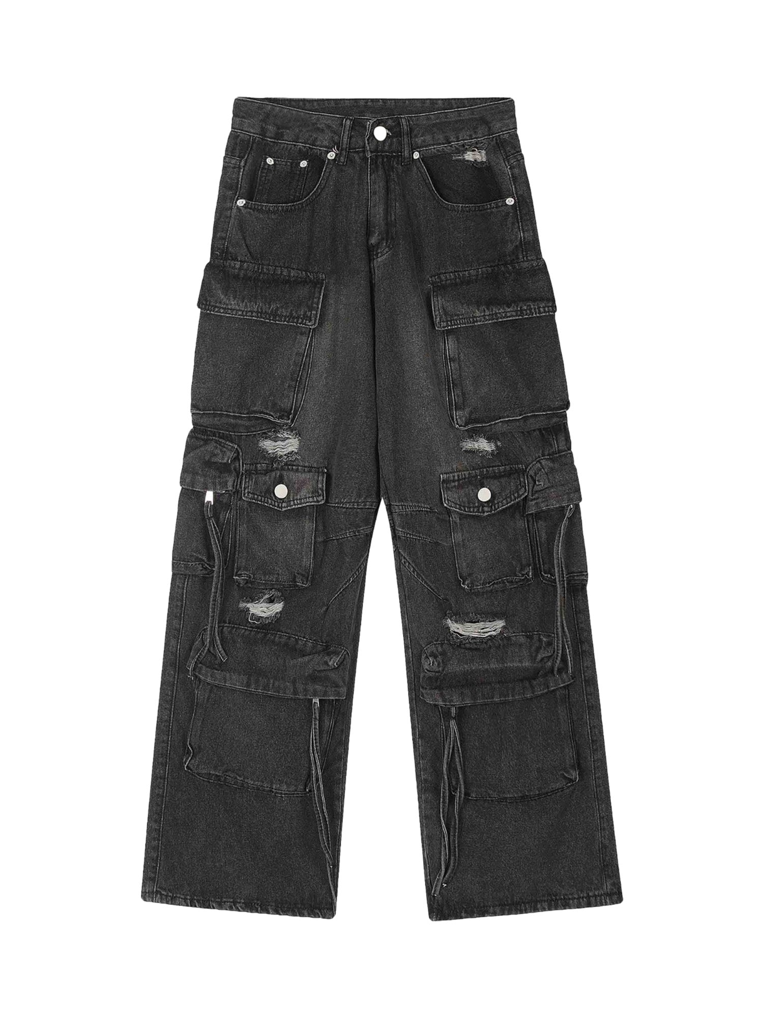 Washed Multi Pocket Work Cargo Jeans Urban Streetwear Style - 10602