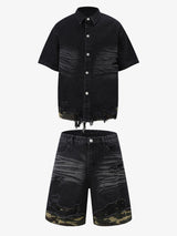 Patchwork Camouflage Ripped Shirt Jorts Denim Suit