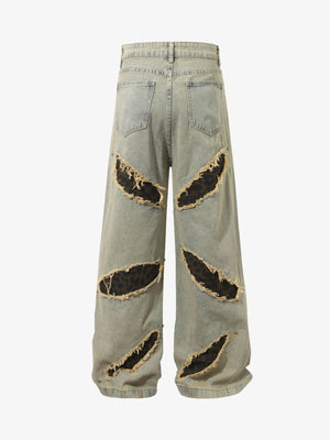 Ripped Baggy Jeans with Leopard Patches – back flat | XoKool