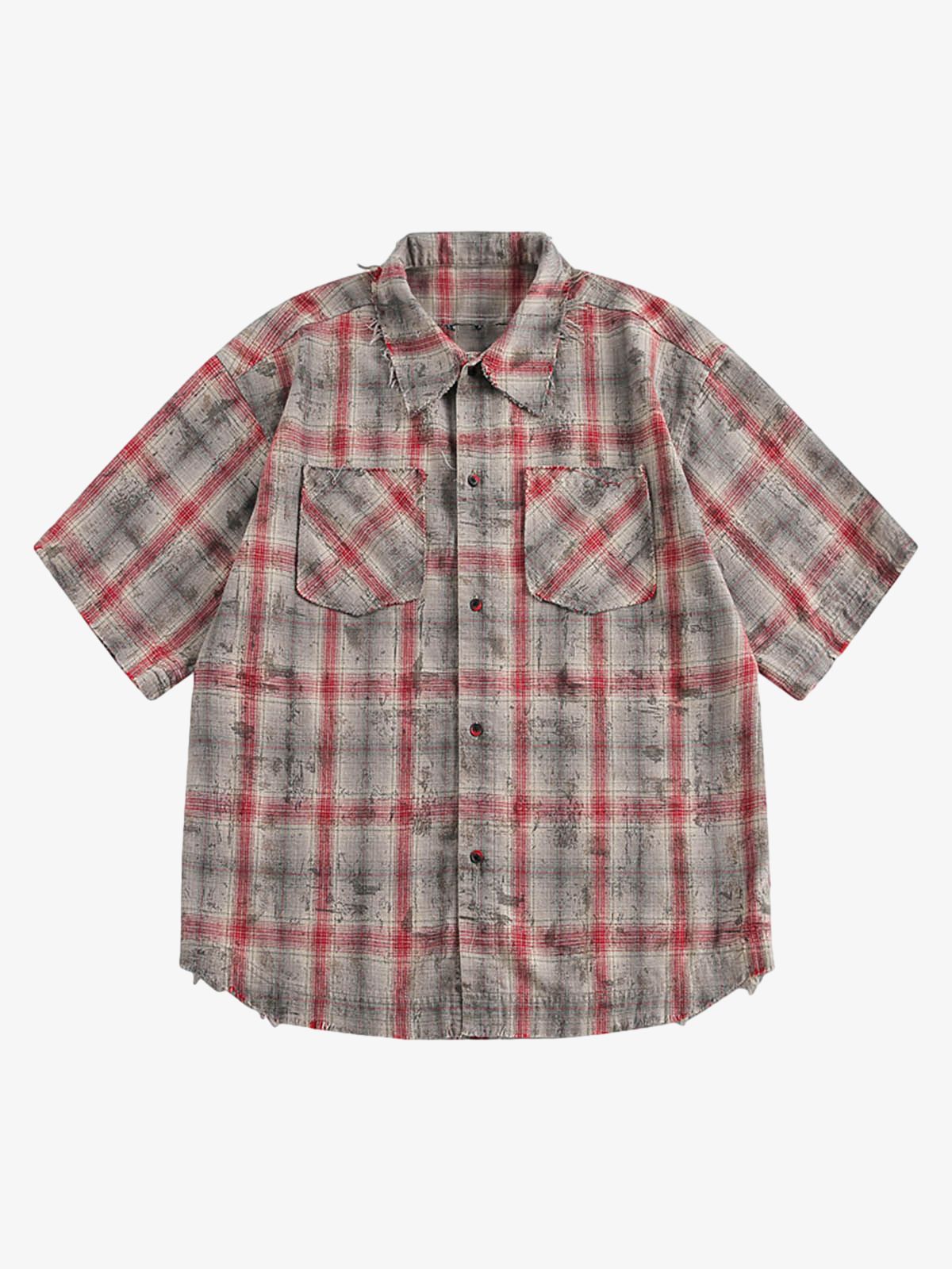 Distressed Patch Plaid Short-Sleeve Shirt