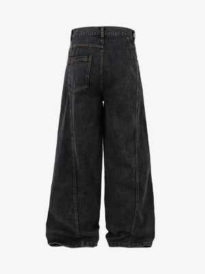 Washed Black Baggy Jeans with Curved Seams – flat back 3/4 | XoKool