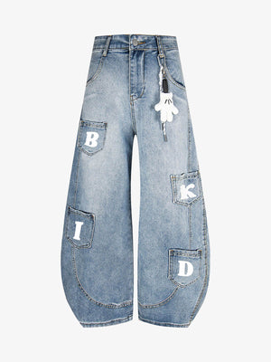 Letter Patch Pocket Barrel Jeans with Charm – Light Blue, front view | XoKool