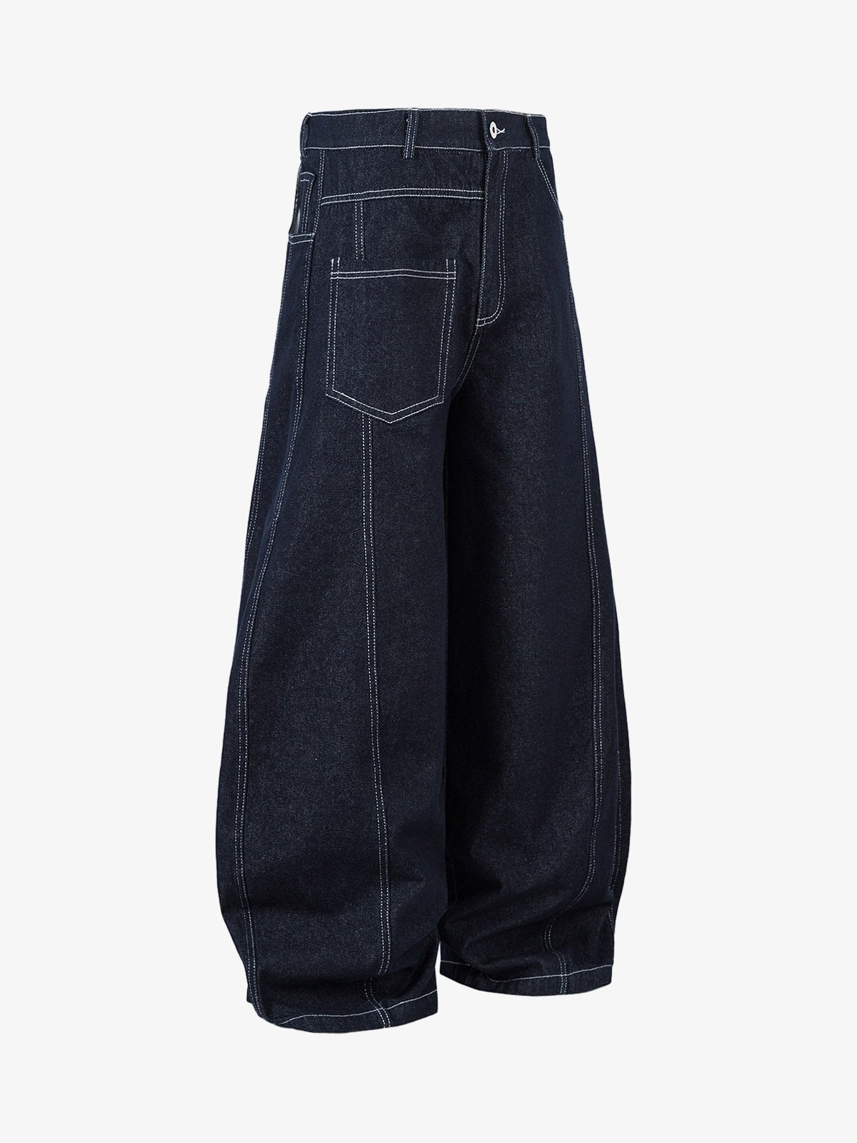 Dark Indigo Barrel Jeans mit Kontrastnähten – Seitenansicht | XoKool