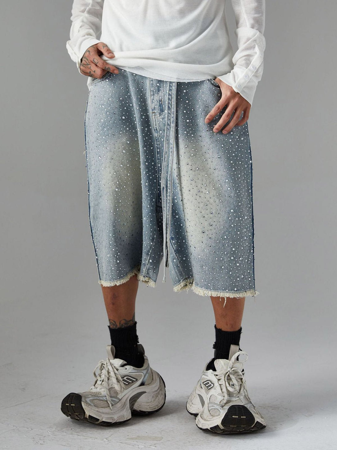 Distressed Rhinestone Denim Jorts | Xokool