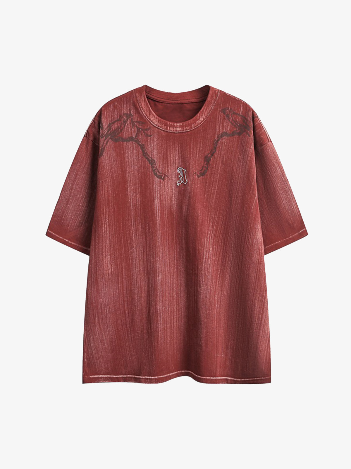 Distressed Embroidered Letter T-Shirt - Red