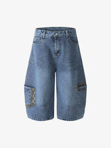 Washed Cheetah Print Patchwork Denim Jorts