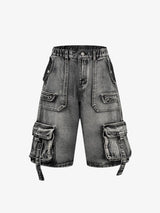 High-Waisted Multi-Pocket Denim Cargo Shorts