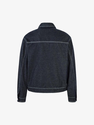 Chaqueta trucker de denim crudo con costuras en contraste – vista plana trasera | XoKool