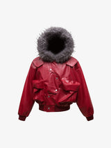 Deconstructed Multi Pocket Fur Hooded PU Leather Jacket