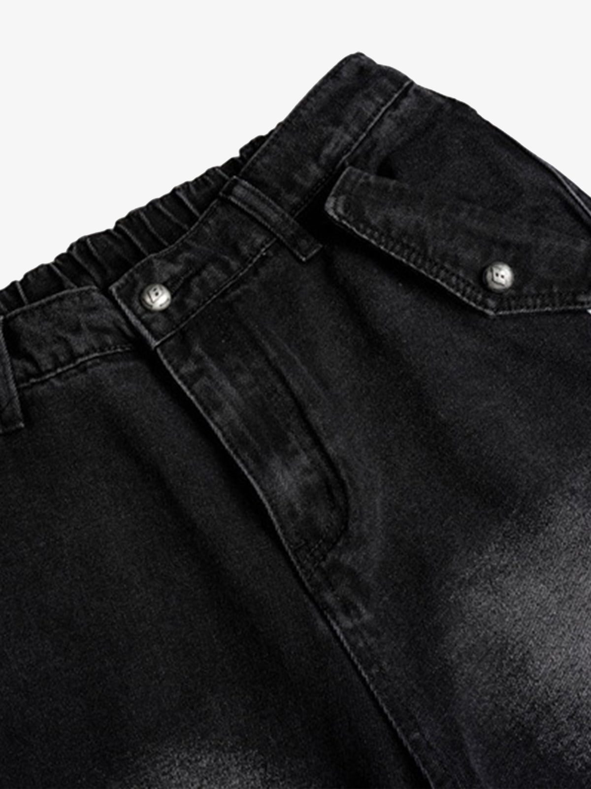 Faded Black Side Stripe Jeans with Strap Tabs – front waist close-up | XoKool