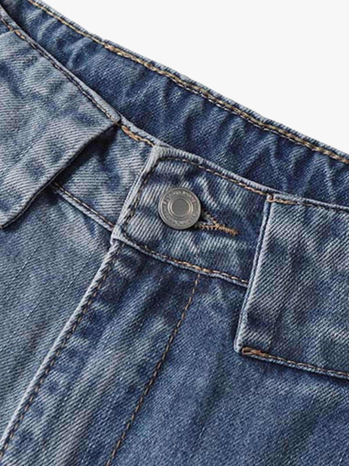Spot Bleached Wide Leg Jeans in Mid Blue – button close-up | XoKool