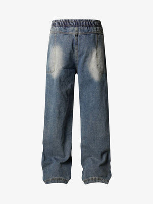 Elastic Waist Drawstring Jeans with Curved Panels – Blue, back | XoKool