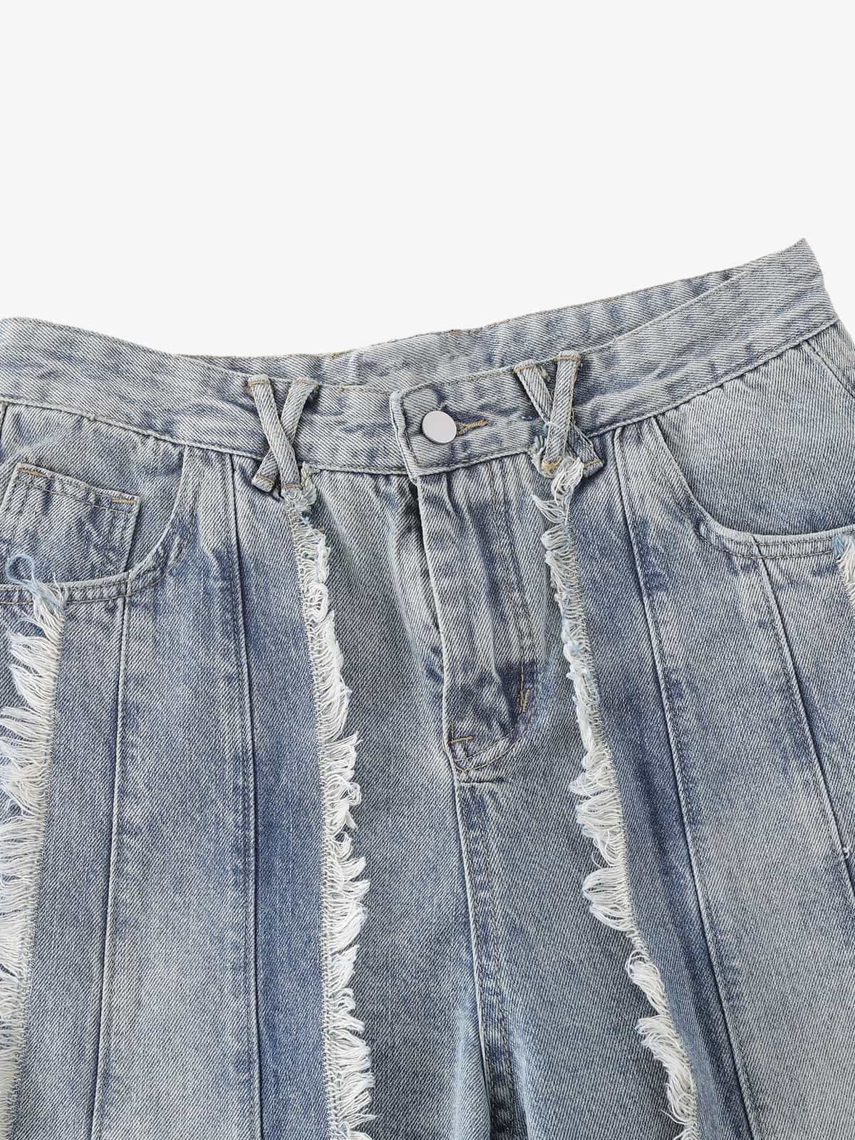 Light Wash Wide Leg Fringe Jeans – front waist close-up | XoKool