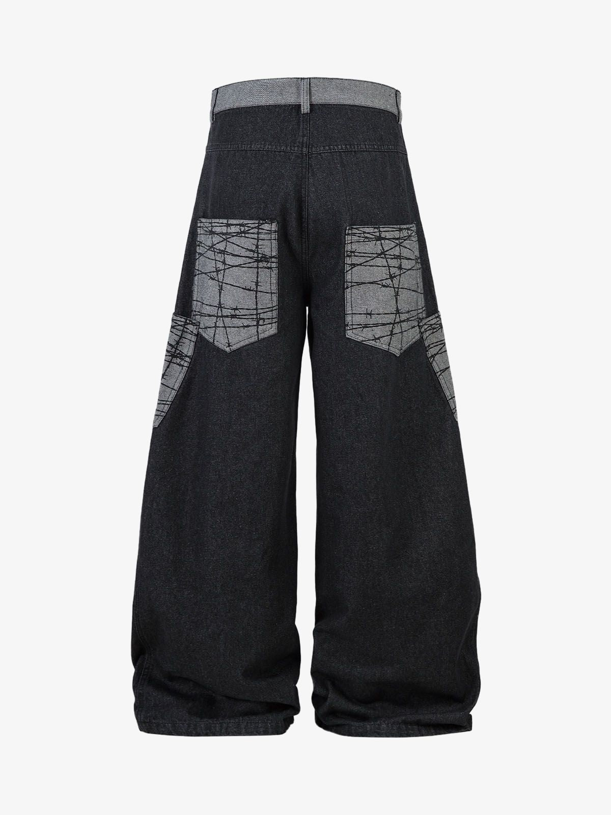 Black Wide Leg Jeans with Barbed Wire Pockets – back view | XoKool