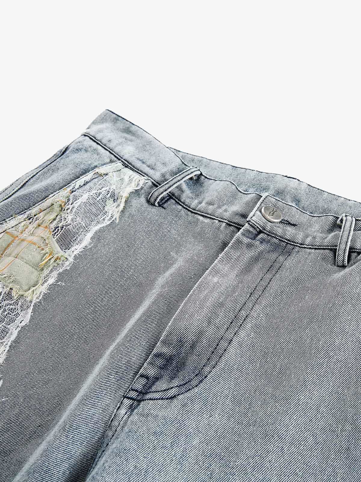 Light Wash Straight Jeans with Lace Patches – waist close-up | XoKool