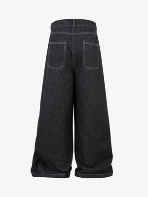 Black Wide Leg Cargo Jeans with Tiered Pleats – back view | XoKool