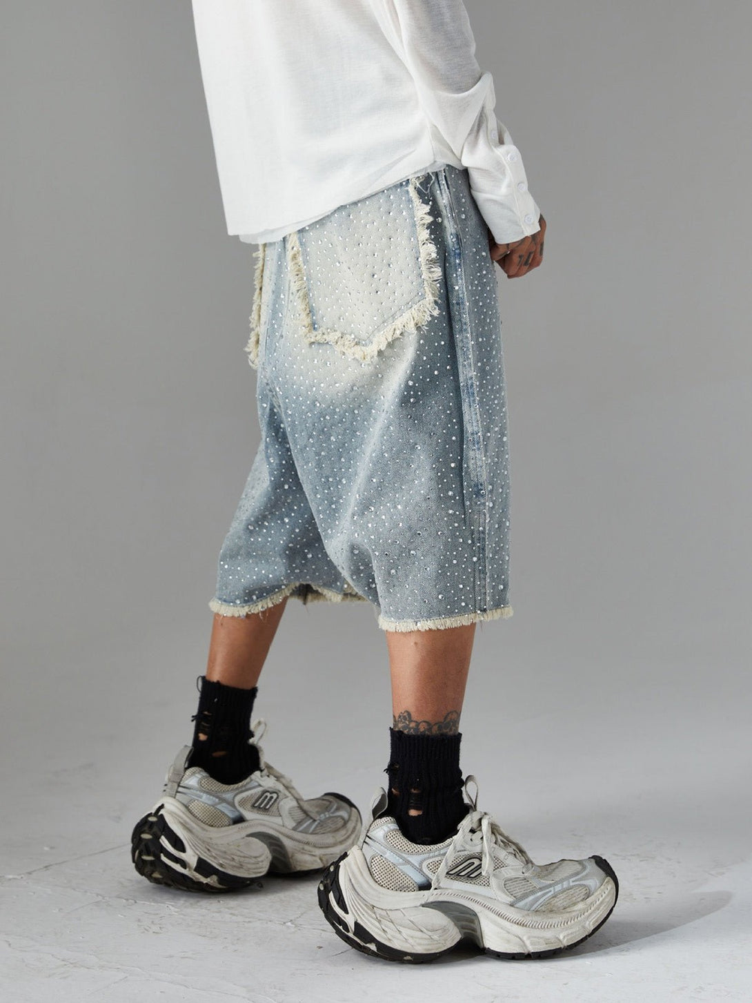 Distressed Rhinestone Denim Jorts | Xokool