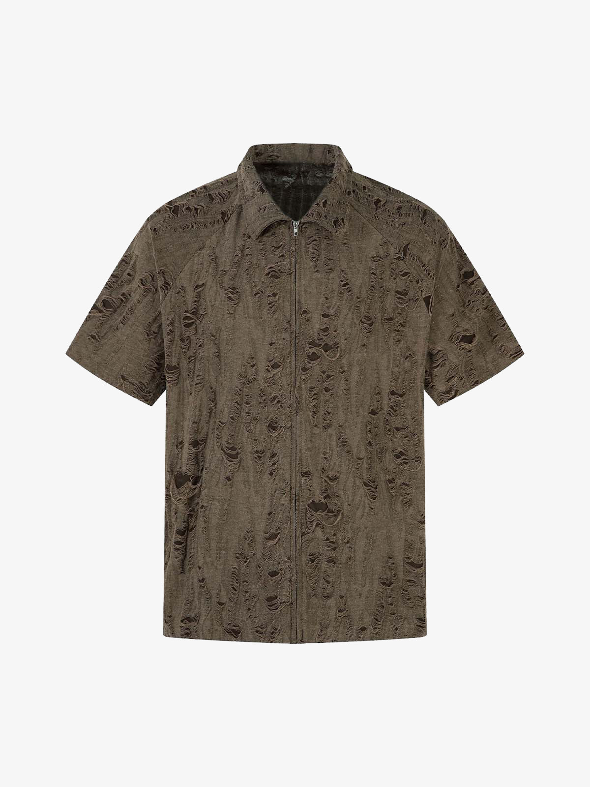 Distressed Ripped Short Sleeve Shirt - Coffee