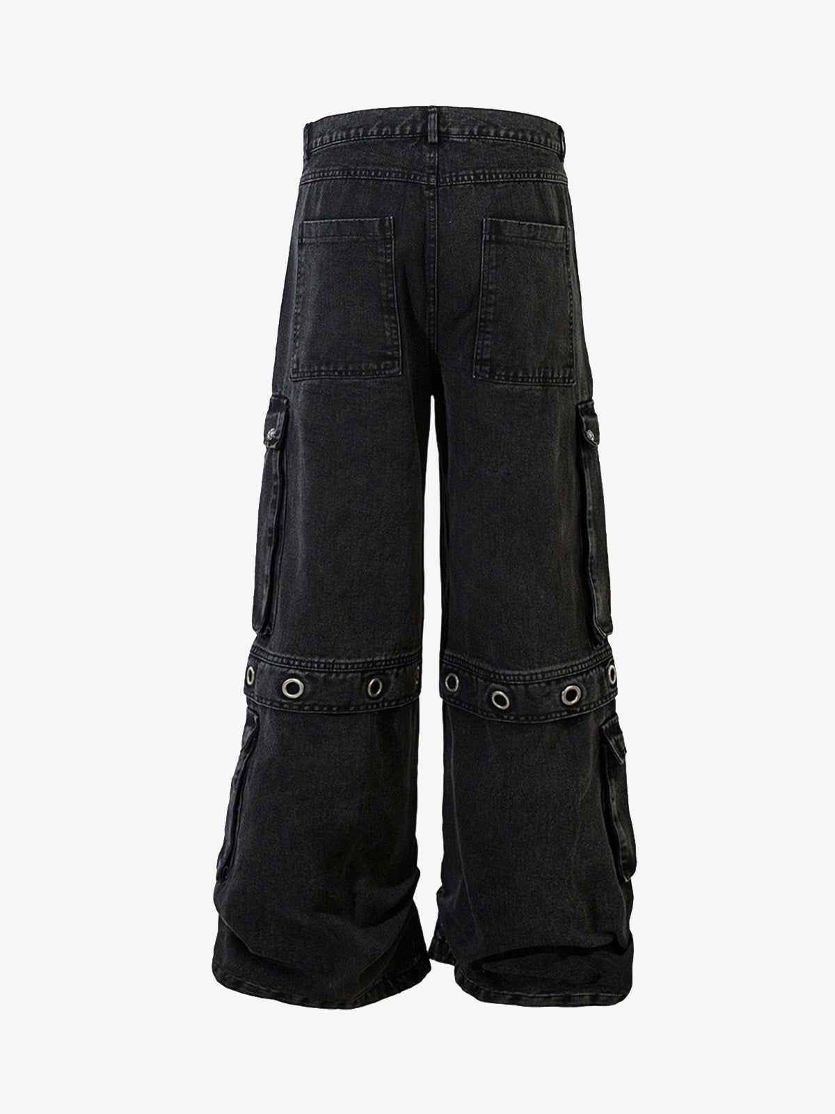 Black Cargo Jeans with Grommet Knee Bands – flat back | XoKool