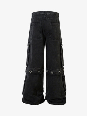 Black Cargo Jeans with Grommet Knee Bands – flat back | XoKool