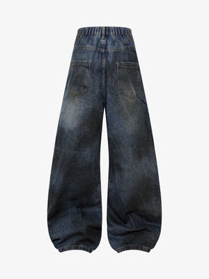 Baggy Barrel Jeans in Dirty Dye Wash – Dark Blue, back view | XoKool