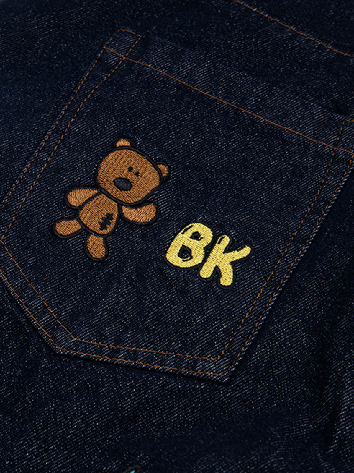 Embroidered Barrel Jeans with Cute Patches – back pocket bear + 'BK' embroidery | XoKool