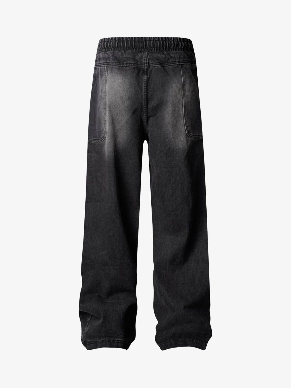 Elastic Waist Drawstring Jeans with Curved Panels – Black, back | XoKool