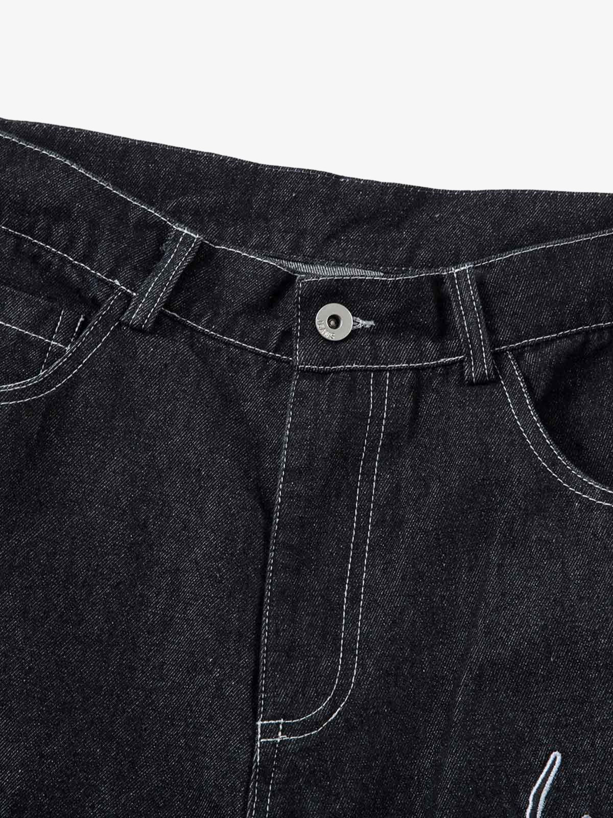 Black Baggy Jeans with Flame Embroidery – waist close-up | XoKool
