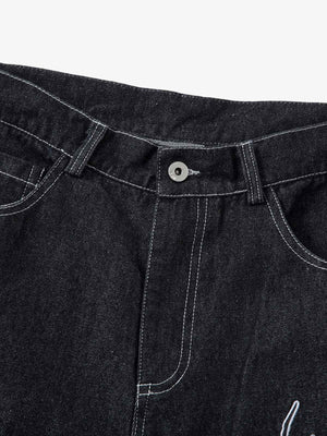 Black Baggy Jeans with Flame Embroidery – waist close-up | XoKool