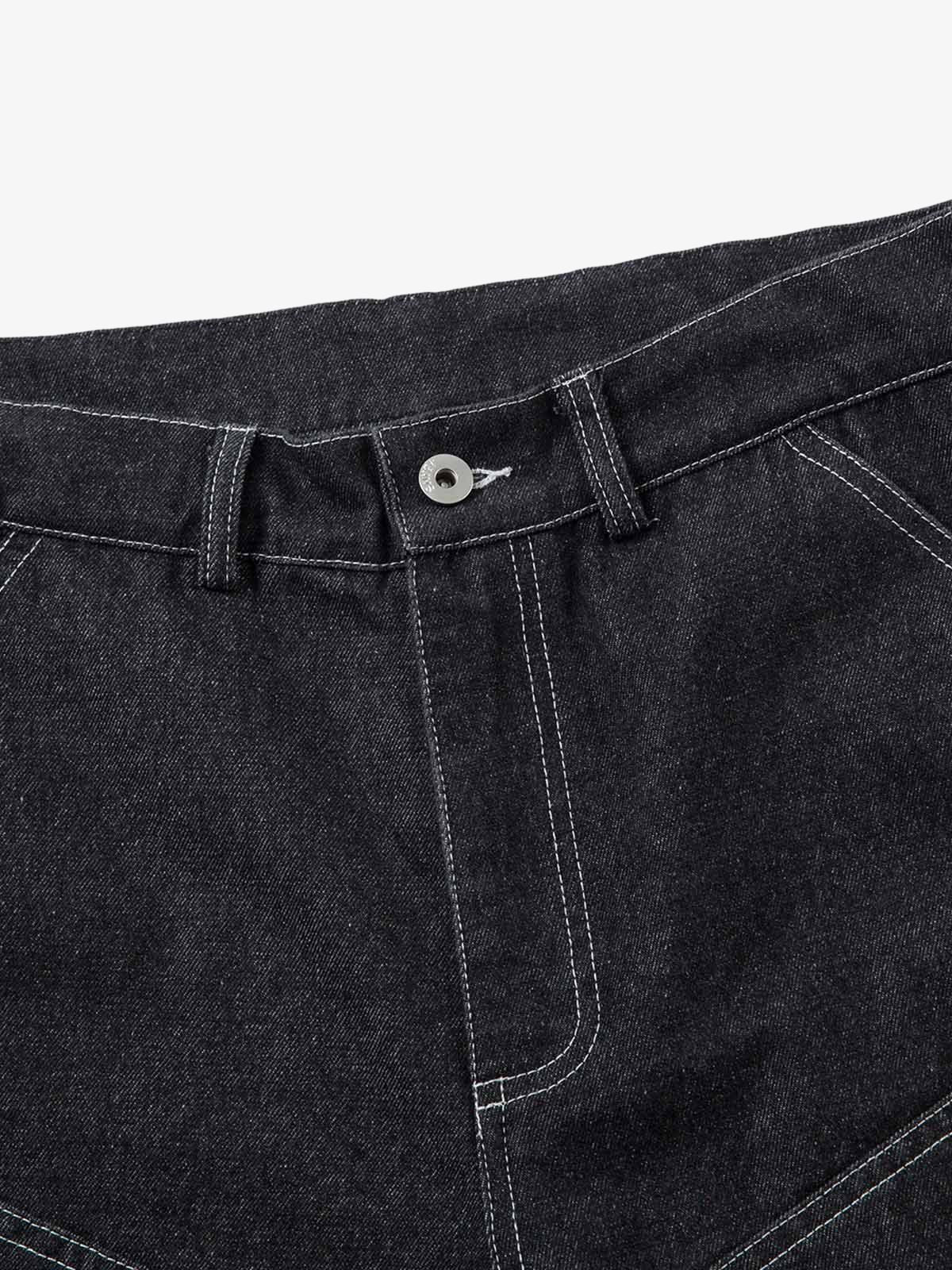 Black Wide Leg Cargo Jeans with Tiered Pleats – waist and button close-up | XoKool