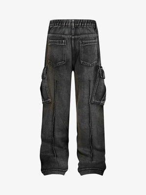 Dirty Wash Cargo Jeans mit Biesennähten – Schwarz, Rückseite flach | XoKool