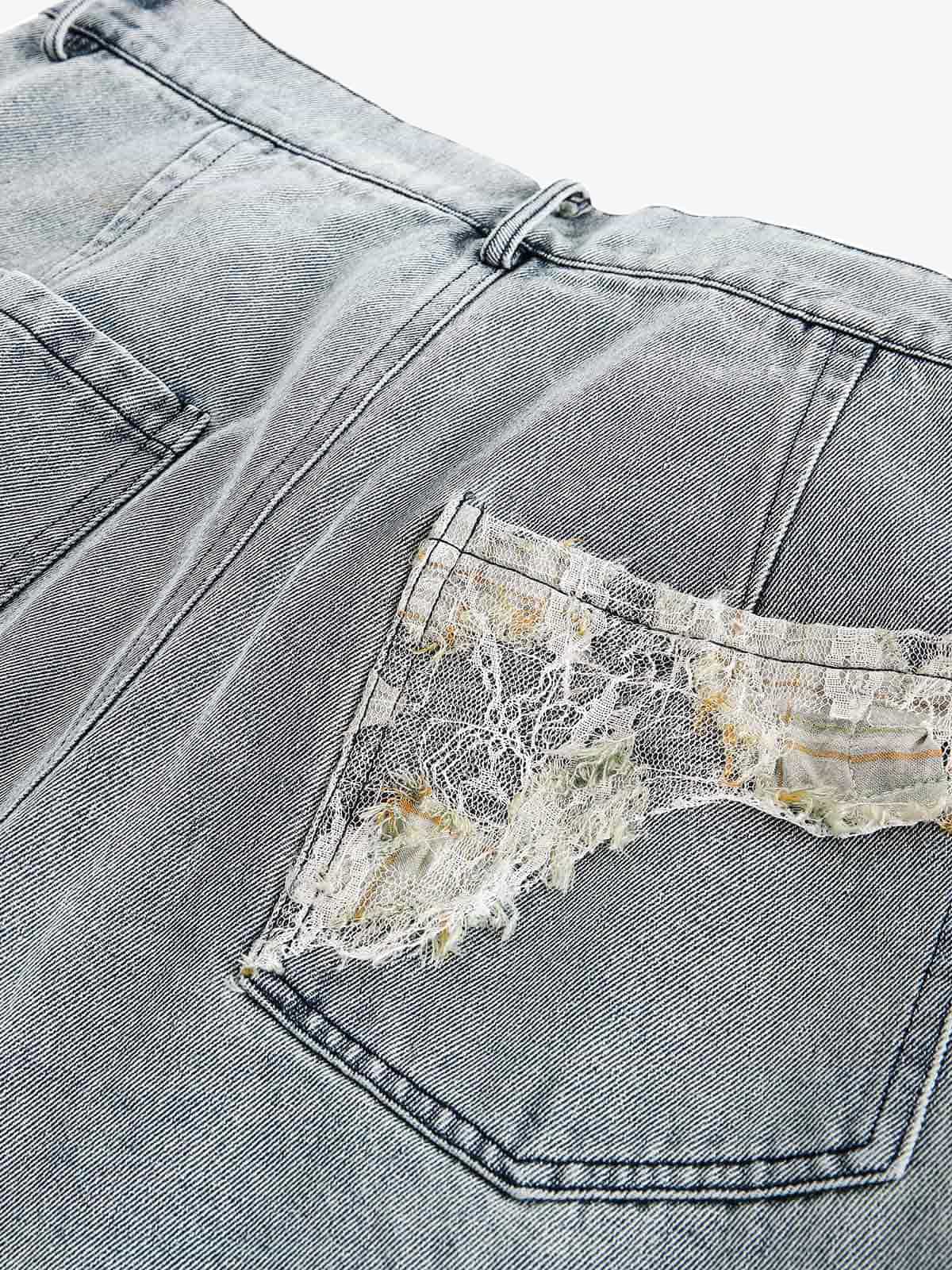 Light Wash Straight Jeans with Lace Patches – back pocket lace patch | XoKool