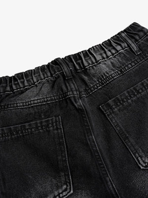 Faded Black Side Stripe Jeans with Strap Tabs – elastic back waist close-up | XoKool