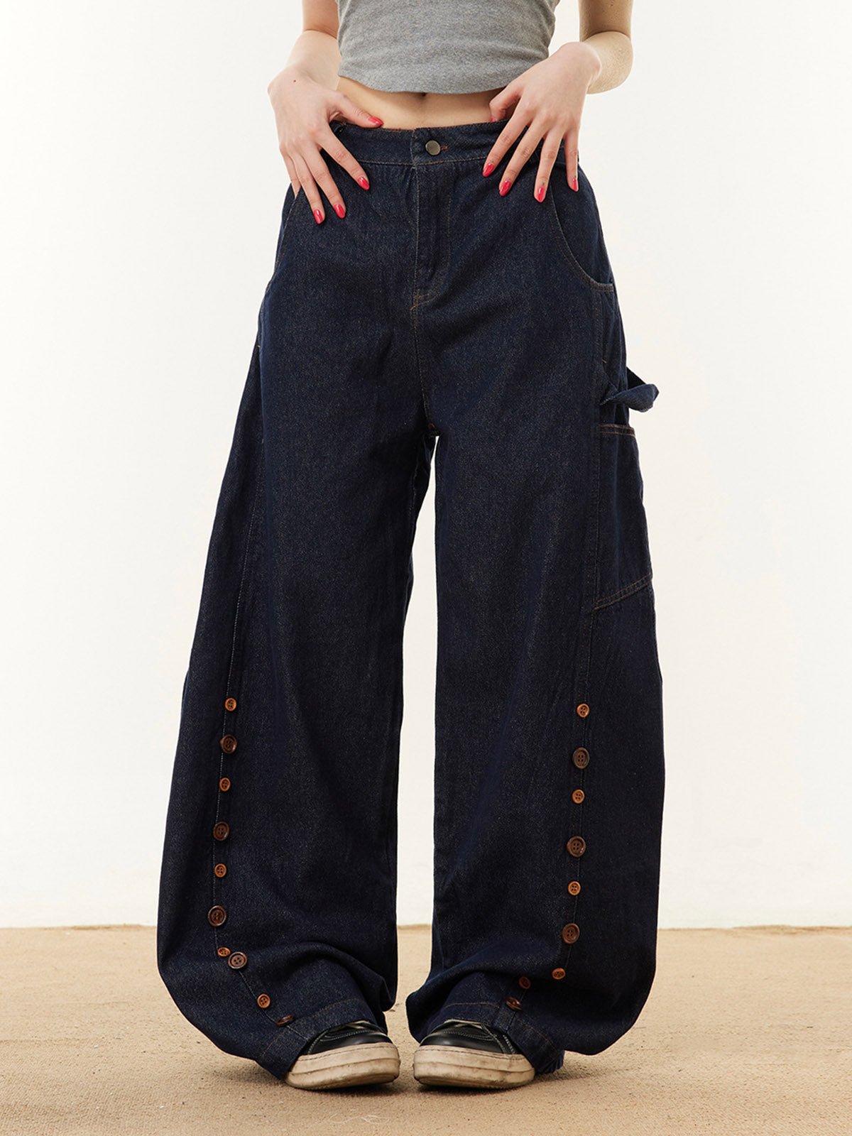 Barrel Jeans with Button Rows Down the Leg – Dark indigo on model, front | XoKool