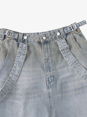 Light Blue Wide Leg Jeans with Detachable Straps – front waist straps close-up | XoKool