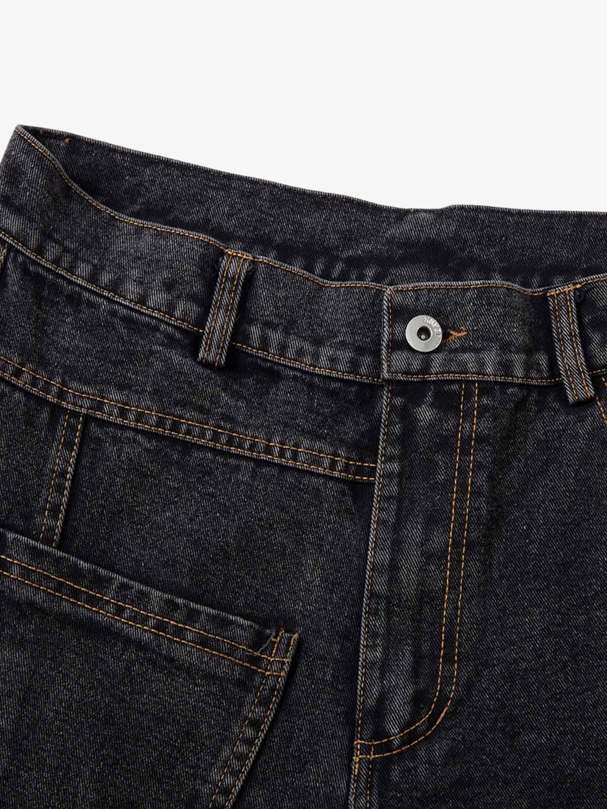 Washed black baggy jeans – front waist close-up | XoKool