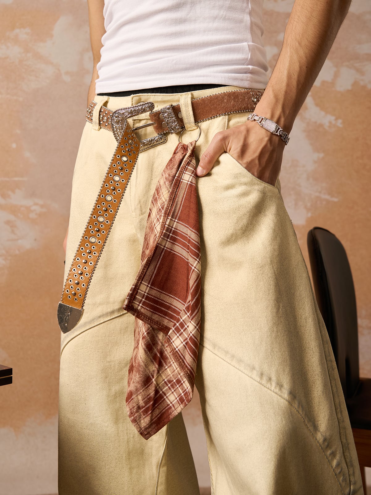 Pale Yellow Barrel Leg Jeans with Bandana – on model, scarf & belt close-up | XoKool