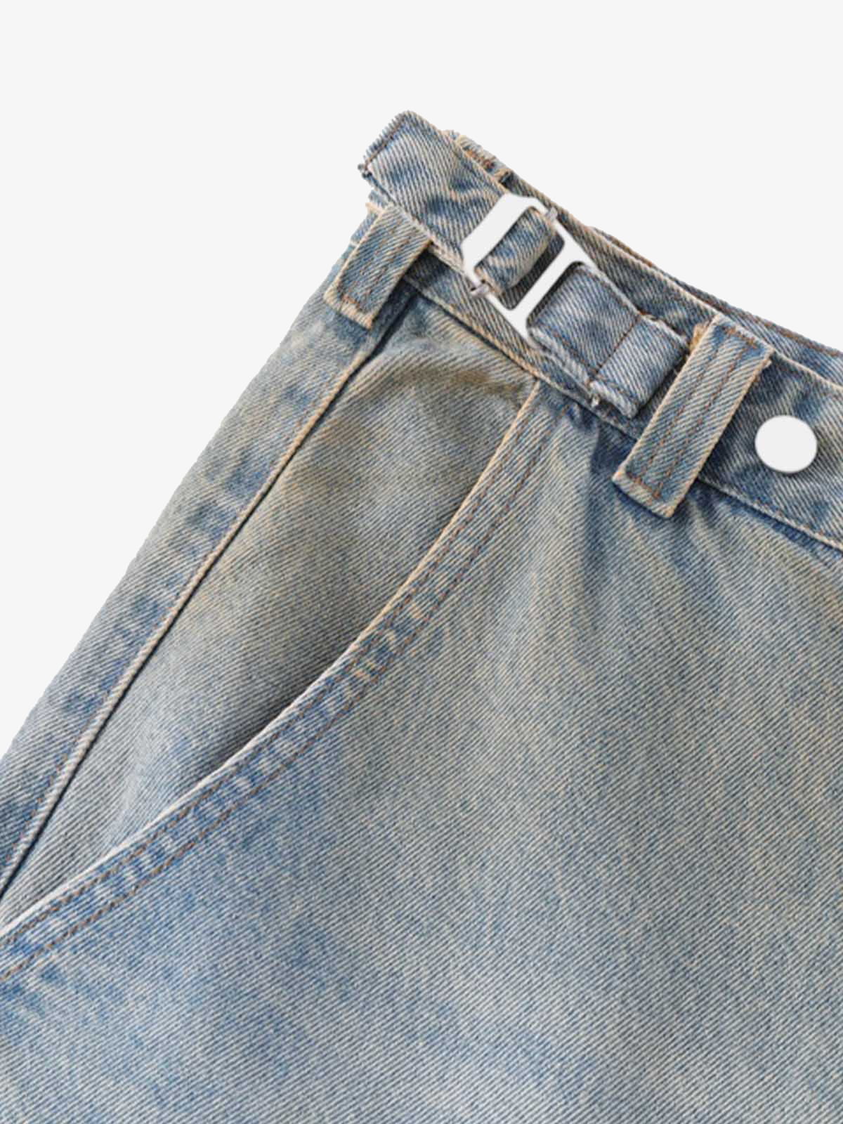 Strap wide leg jeans – side pocket + buckle close-up | XoKool
