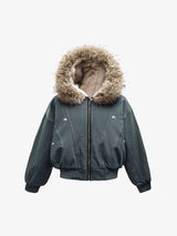Faux Fur Lined Zip Up Hooded Bomber Jacket