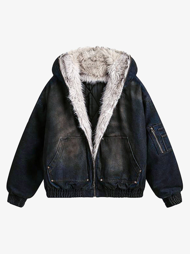 Hooded Denim Jacket with Faux Fur Lining