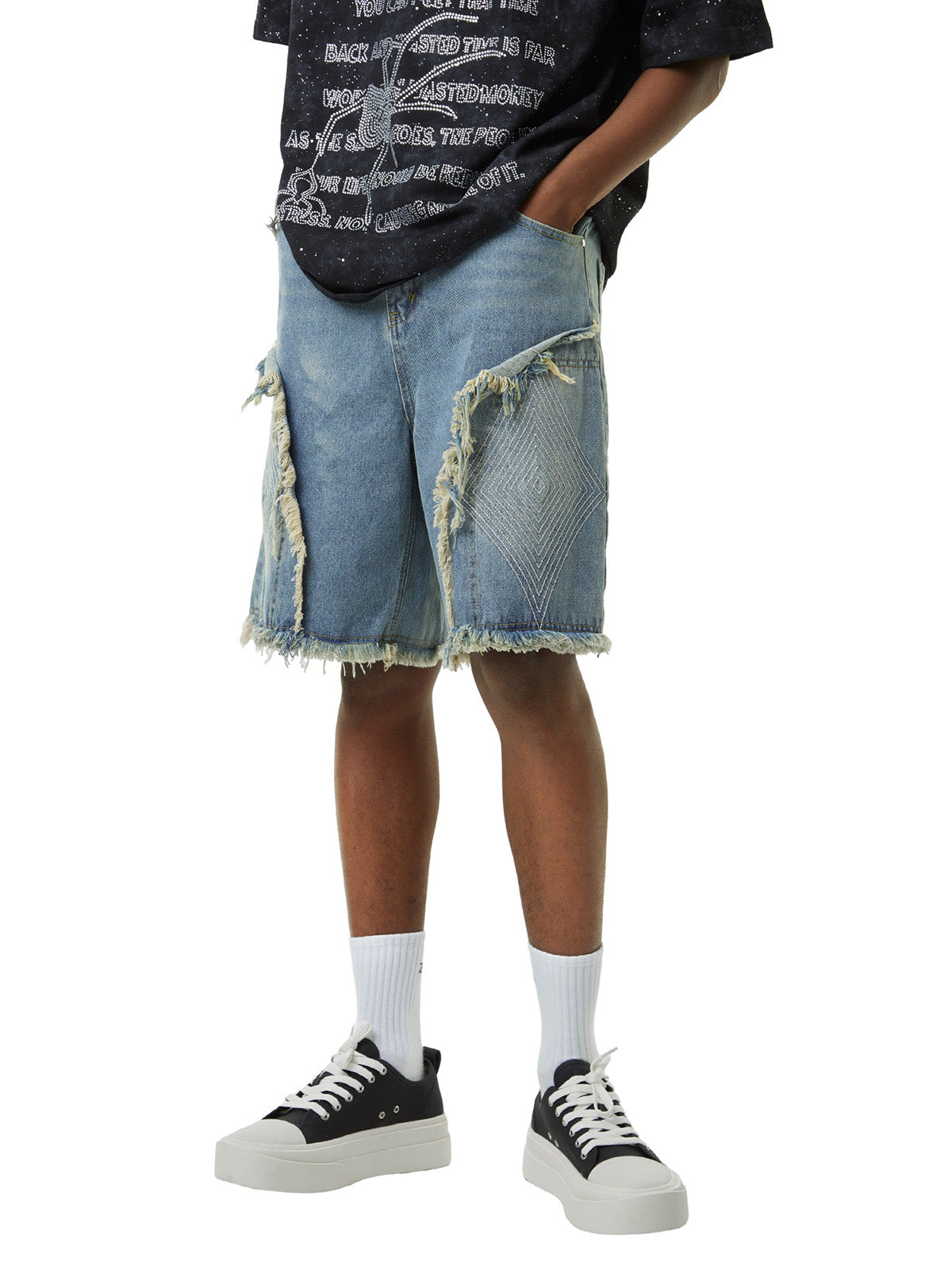 Retro Stitching Diamonds Embroidery Shorts Street Style - 10807