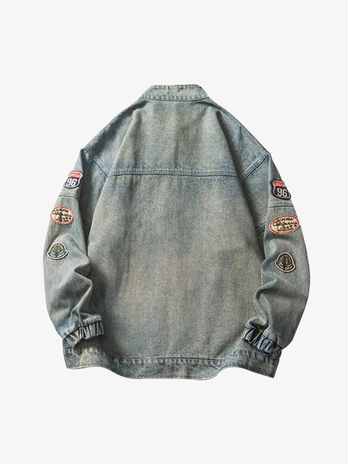 Washed Jeansjacke mit Zipper und Patches – Washed Blau, Rückseite | XoKool