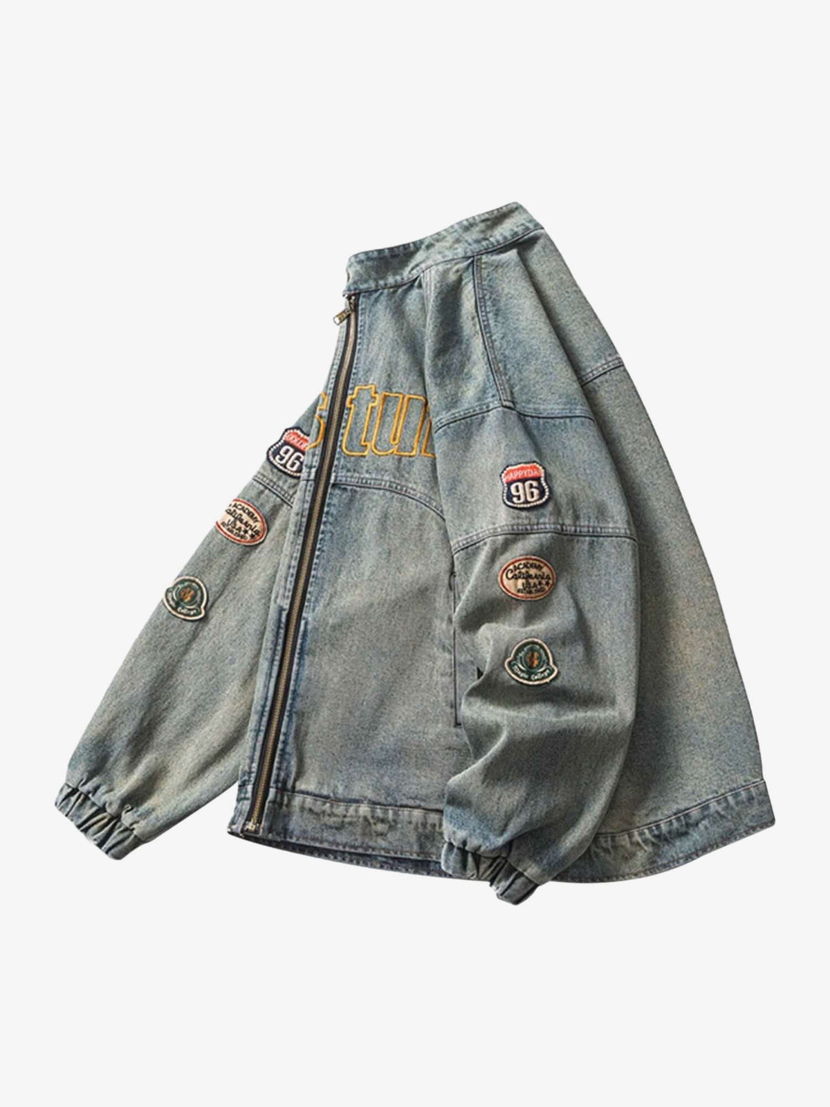 Washed Jeansjacke mit Zipper und Patches – Washed Blau, Seite flach | XoKool