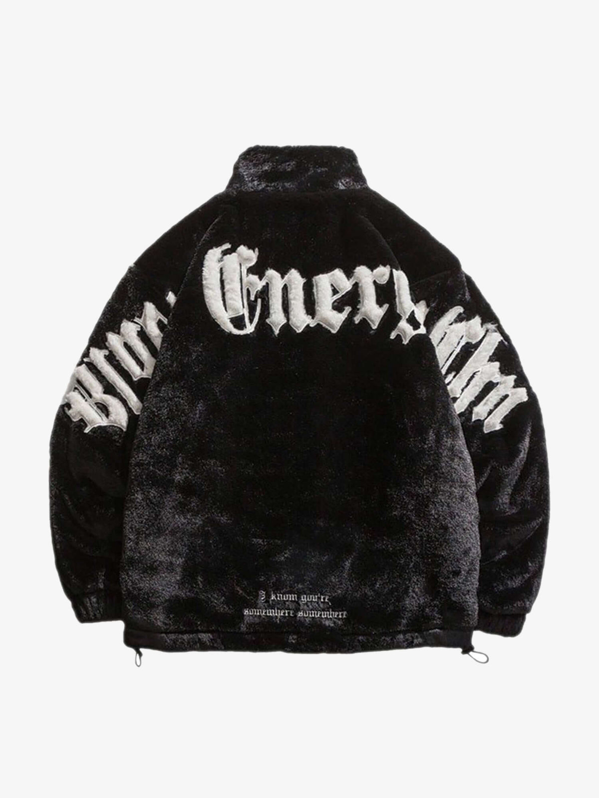 Black Faux Fur Zip Jacket with Letter Graphic – Back view | XoKool