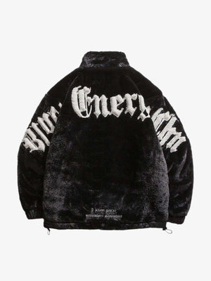 Schwarze Kunstfell Zipjacke mit Letter-Print – Rückansicht | XoKool